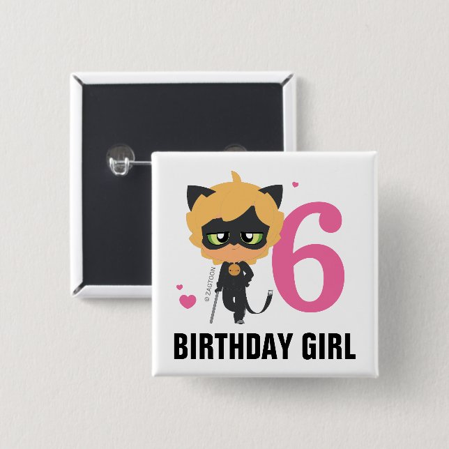 Miraculous Cat Noir Chibi Birthday Girl 2 Inch Square Button (Front & Back)