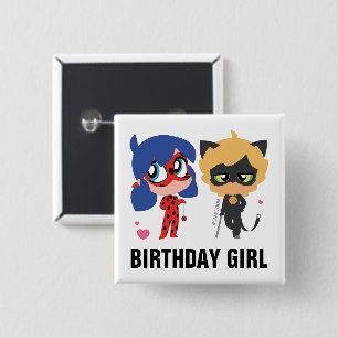 Miraculous  Ladybug & Cat Noir Chibi Birthday Girl 2 Inch Square Button
