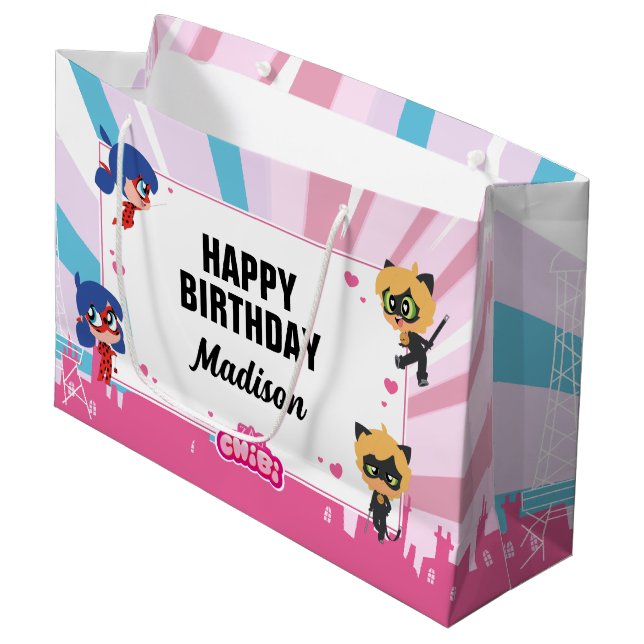 Miraculous Ladybug & Cat Noir Chibi Birthday Large Gift Bag (Front Angled)