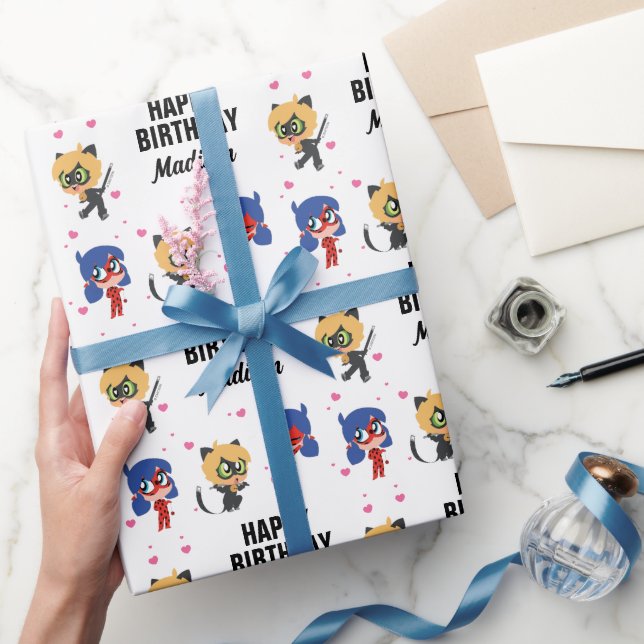 Miraculous Ladybug & Cat Noir Chibi Birthday Wrapping Paper (Gifting)