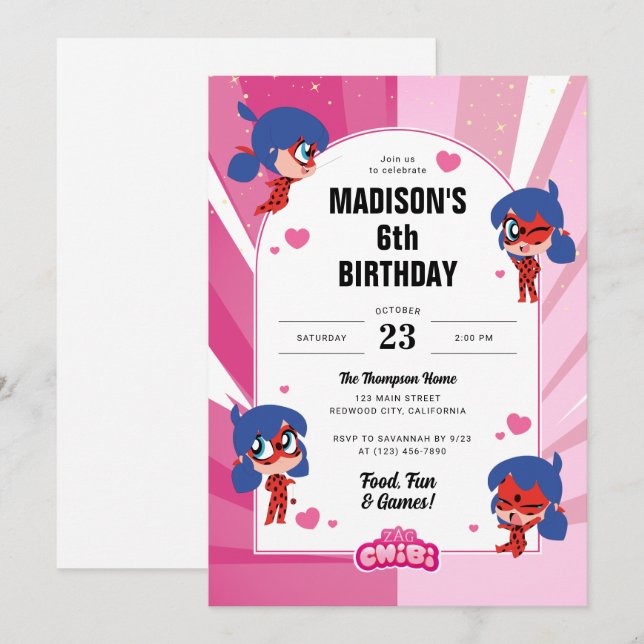 Miraculous Ladybug Chibi Birthday Invitation (Front/Back)