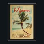 Miramar Palm Tree Vintage Travel Postcard<br><div class="desc">A uniquely retro mid-century modern Miramar Florida art print in vintage travel poster style. It features a curved palm tree on sandy beach with ocean under a blue cloudy sky.</div>