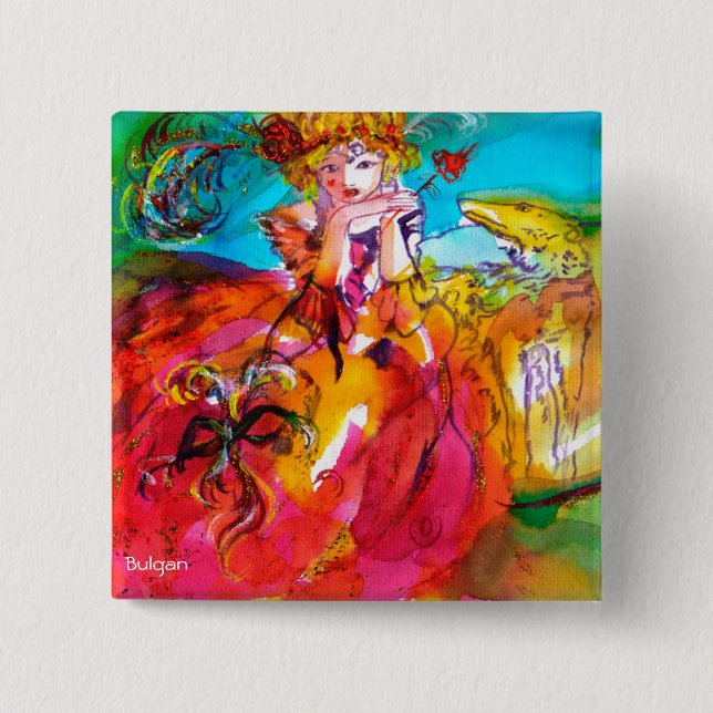 MIRANDOLINA ,Venetian Carnival Mask 2 Inch Square Button (Front)