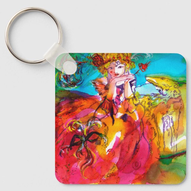 MIRANDOLINA WITH DOG/ Venetian Masquerade Masks Keychain (Front)