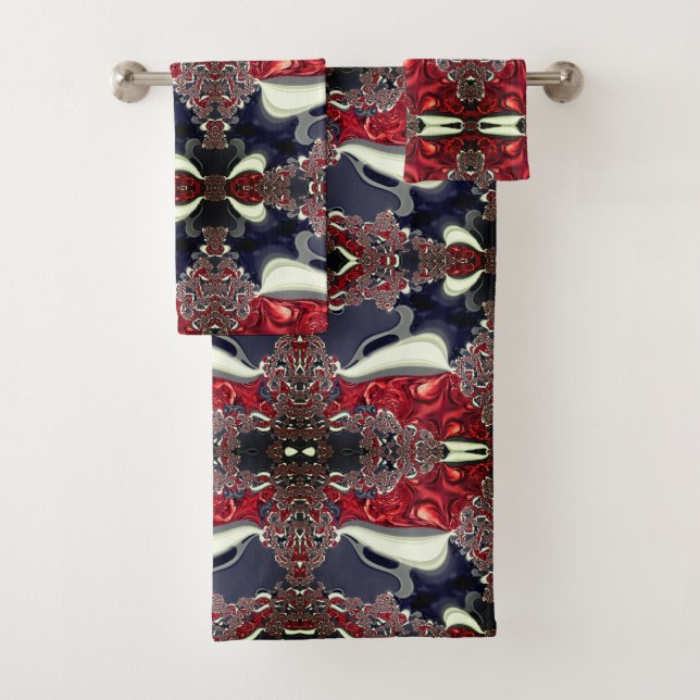 Mirror image generating repeated shape, over white bath towel set (Insitu)