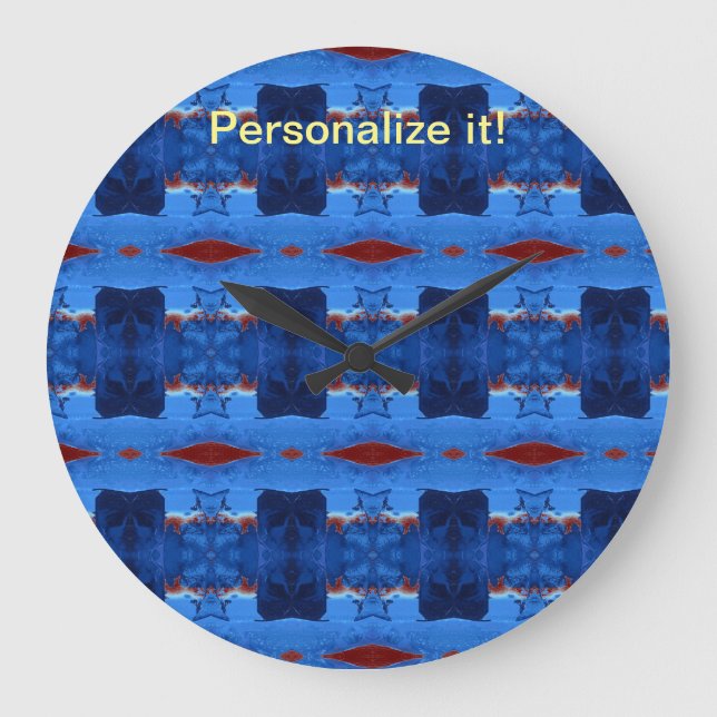 Mirrored and tiled blue, black, red design large clock (Front)