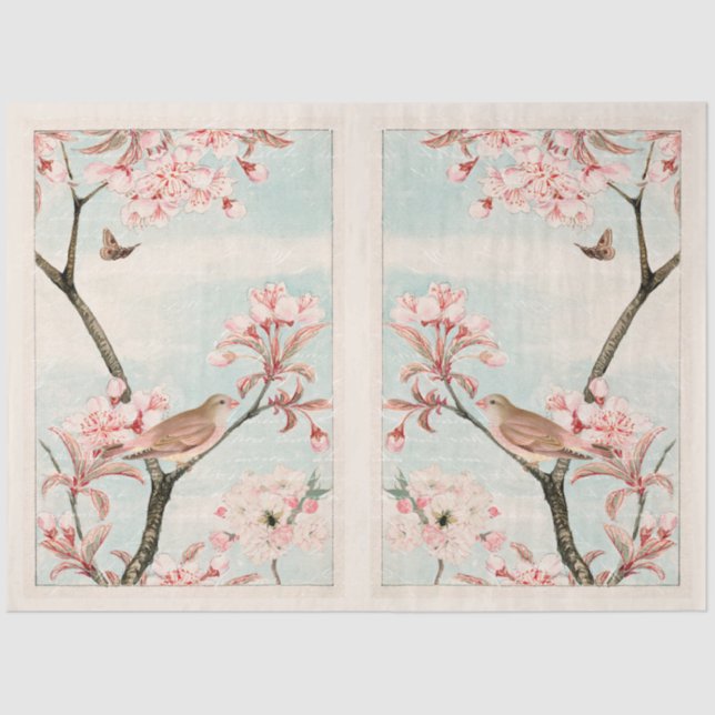 Mirrored Cherry Blossom Bird Bee Moth Decoupage Tissue Paper (Front)