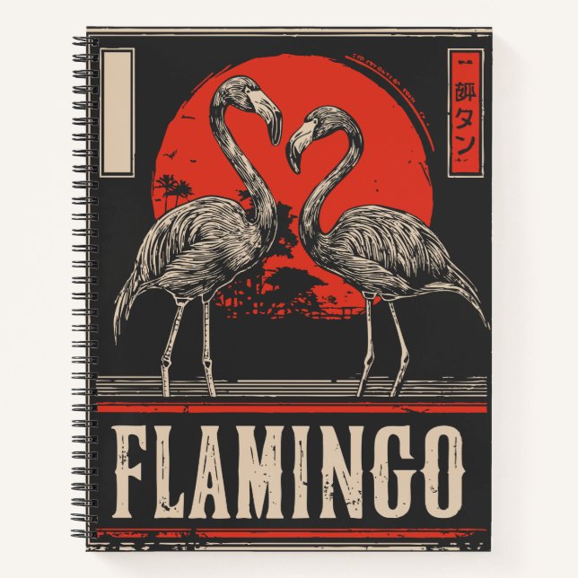 Mirrored Elegance – Flamingos in Crimson Moonlight Notebook (Front)