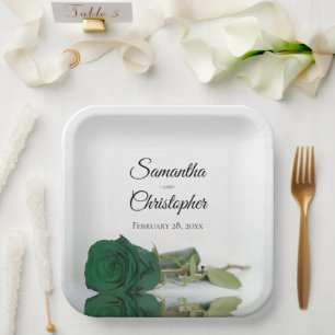 Mirrored Emerald Green Rose Elegant & Posh Wedding Paper Plate