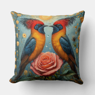 Mirrored Exotic Birds Above Pink Rose Romantic Throw Pillow