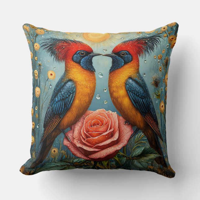 Mirrored Exotic Birds Above Pink Rose Romantic Throw Pillow (Front)