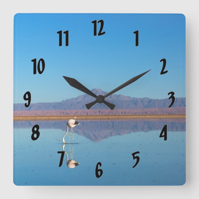 Mirrored Flamingo Square Wall Clock (Front)