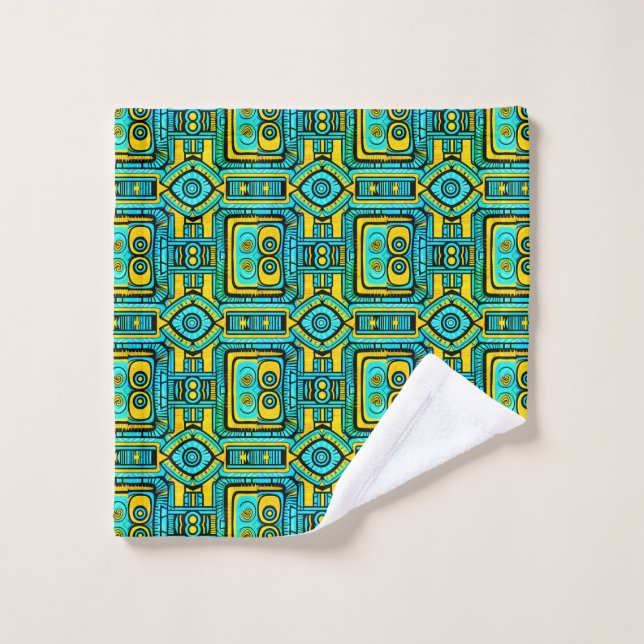Mirrored Mosaic: Anamorphic green yellow & Blue Bath Towel Set (Wash Cloth)