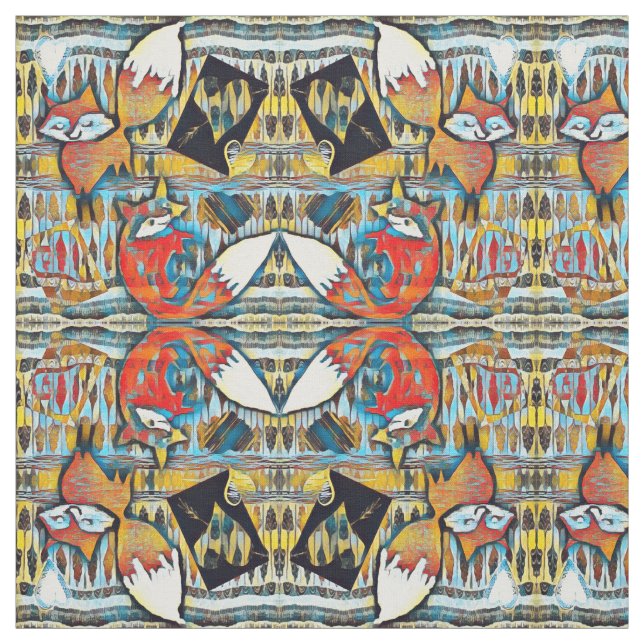 Mirrored Red Foxes and Hearts Pattern Fabric (Swatch)