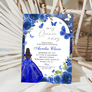Mis Quince Anos Blue Silver Rose Quinceanera Invitation