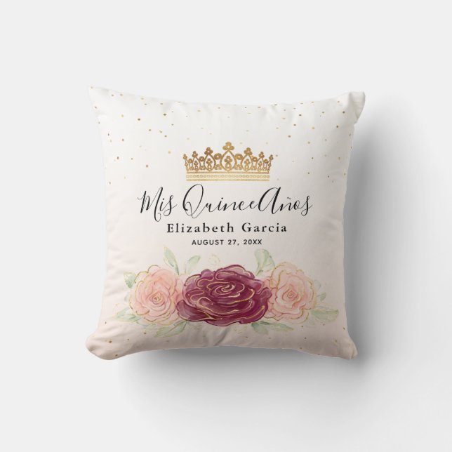 Mis Quince Anos Burgundy Blush Gold Quinceanera Throw Pillow (Front)