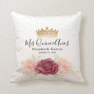 Mis Quince Anos Burgundy Blush Gold Quinceanera Throw Pillow