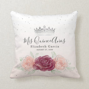 Mis Quince Anos Burgundy Blush Silver Quinceanera Throw Pillow