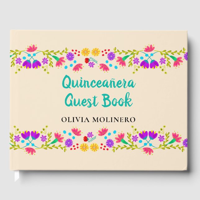 Mis Quince Anos Champagne Floral Quinceanera Guest Book (Front)