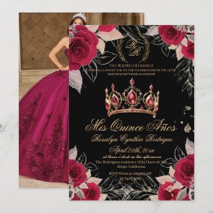  Mis Quince Anos Elegant Black Red 15th Birthday Invitation
