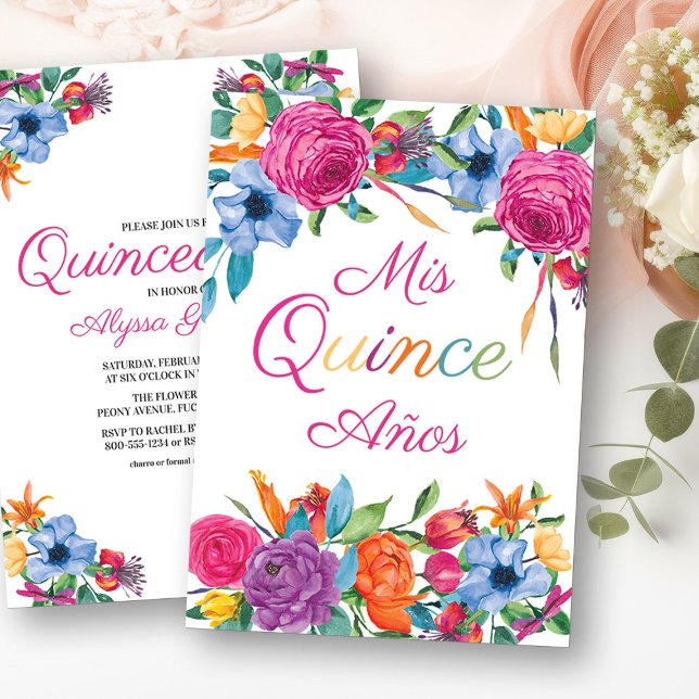 Mis Quince Anos Fiesta Flowers White Quinceanera Invitation (Mis Quince Invitation from my Fiesta Flowers Quinceanera Collection)