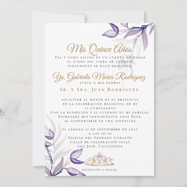 Mis Quince Años Follaje Morado Invitation (Front)