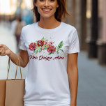 Mis Quince Anos Red Roses Floral Quinceanera T-Shirt<br><div class="desc">Mis Quince Anos tshirt with feminine and elegant floral design. The tshirt has a beautiful arrangement of watercolor roses and rosebuds in shades of pink and red with sun-kissed leaves and a sprinkling of gold confetti dots. "Mis Quince Años" is lettered in dark red, fancy brush script. A lovely design...</div>