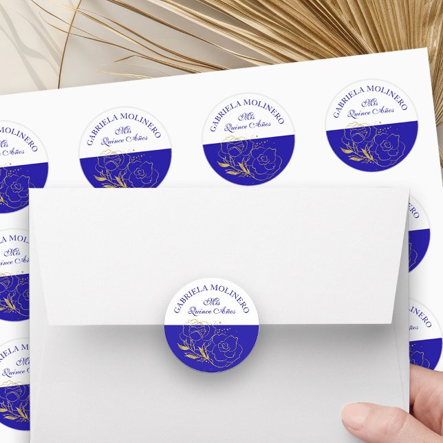 Mis Quince Anos Royal Blue and Gold Floral Classic Round Sticker (Mis Quince stickers from my Elegant Gold Flowers Quinceanera Collection)