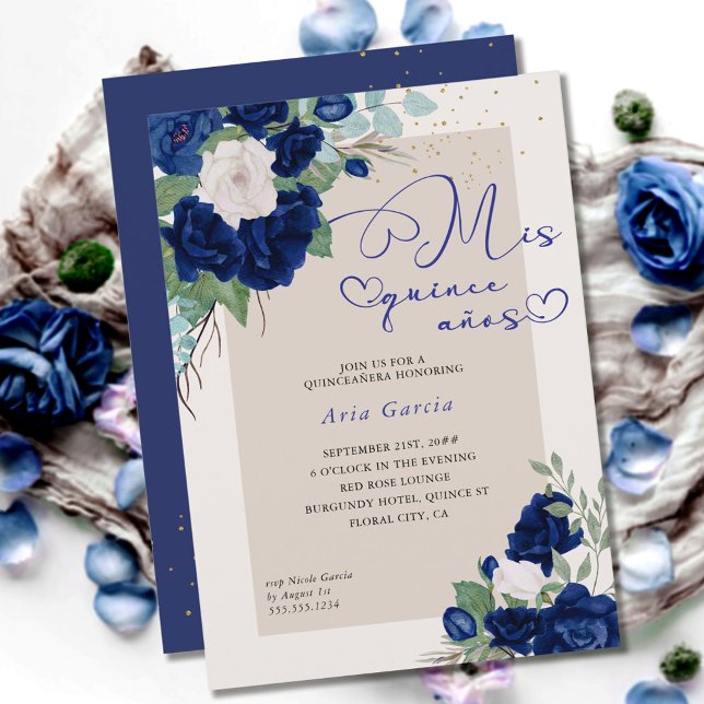 Mis Quince Anos Royal Blue Navy Floral Quinceanera Invitation (Creator Uploaded)