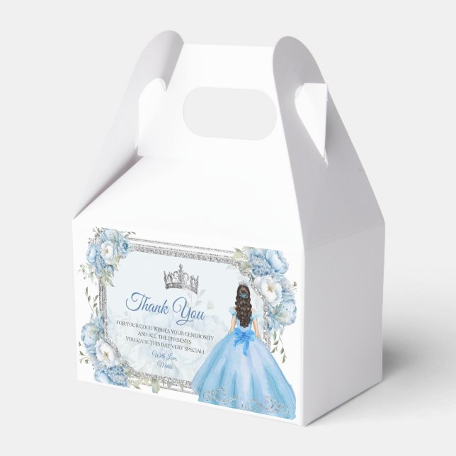 Mis Quince Blue Floral Silver Crown Quinceañera Favor Box (Front Side)