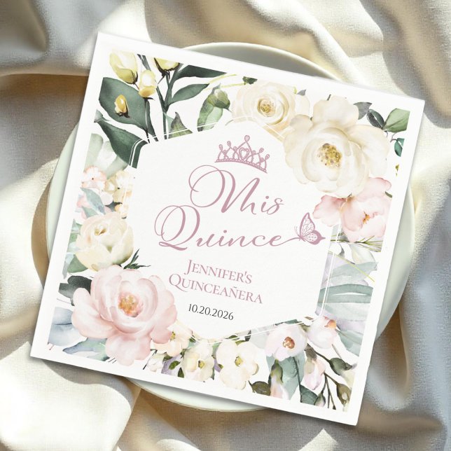 Mis Quince | Boho Floral Frame Quinceañera Napkins (Creator Uploaded)