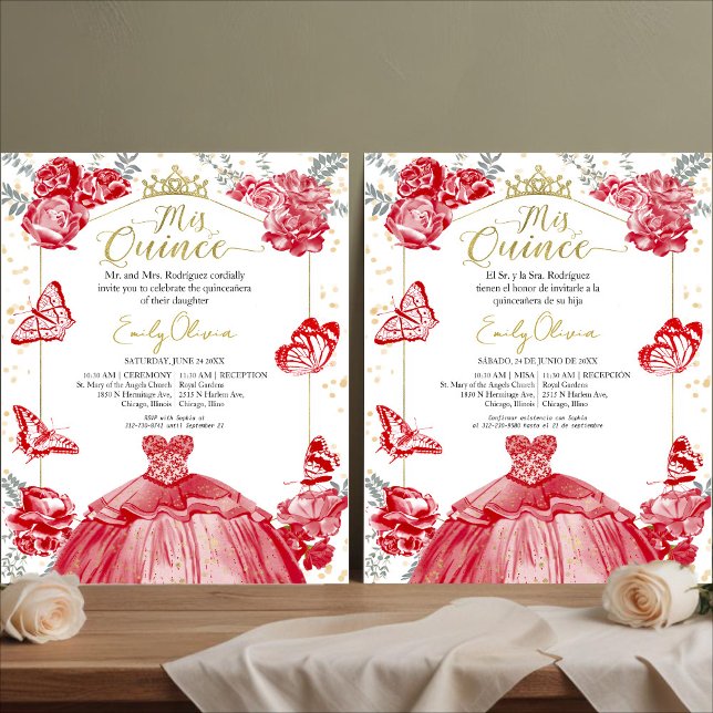 Mis Quince Budget Invitation Bilingual Red Floral (Creator Uploaded)