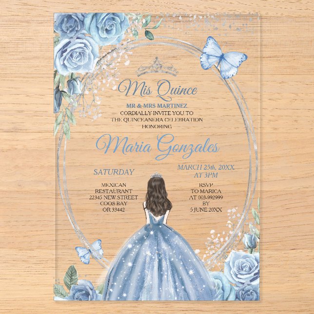 Mis Quince Dusty Blue & Silver Floral Quinceañera Acrylic Invitations (Front)
