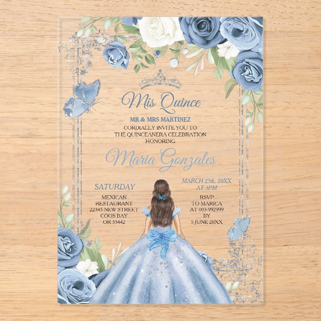Mis Quince Dusty Blue & Silver Floral Quinceañera Acrylic Invitations (Front)