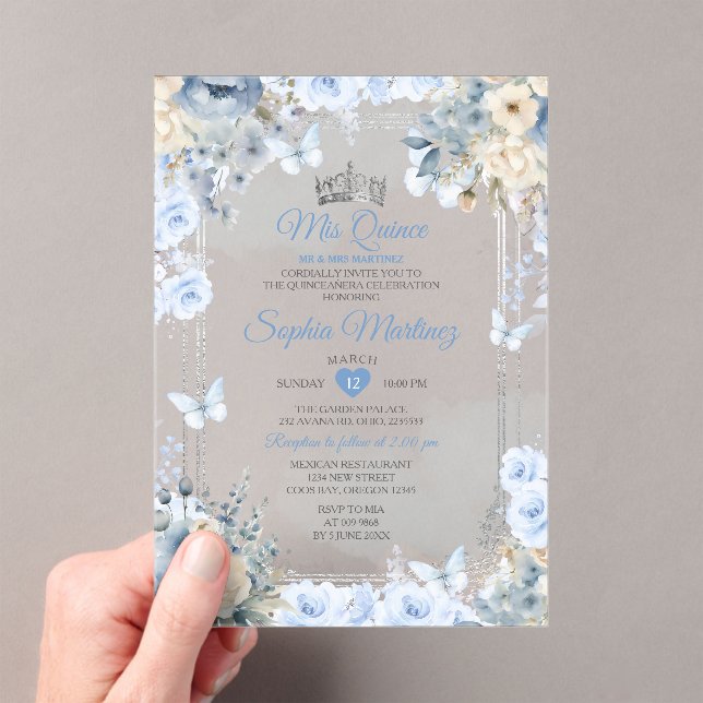 Mis Quince Dusty Blue & Silver Floral Quinceañera Acrylic Invitations (Insitu (Handheld))