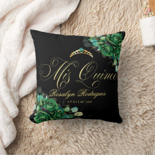 Mis Quince Emerald Green Flowers Tiara Throw Pillow