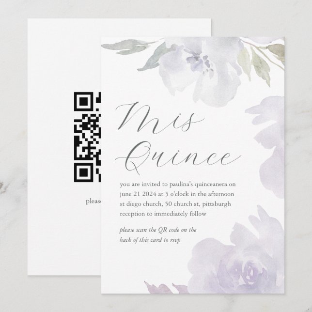 Mis Quince Floral Birthday Quinceañera QR Code Invitation (Front/Back)