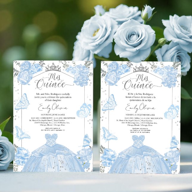Mis Quince Invitation Bilingue Dusty Blue robe (Créateur téléchargé)