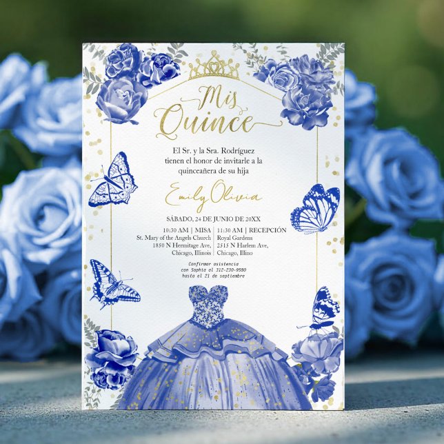 Mis Quince Invitation Espagnol Robe Bleue Royale (Créateur téléchargé)
