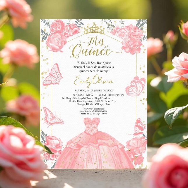 Mis Quince Invitation Espagnol Robe Rose Floral (Créateur téléchargé)