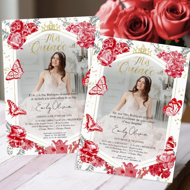 Mis Quince Invitation Photo Bilingue Rouge Floral (Créateur téléchargé)