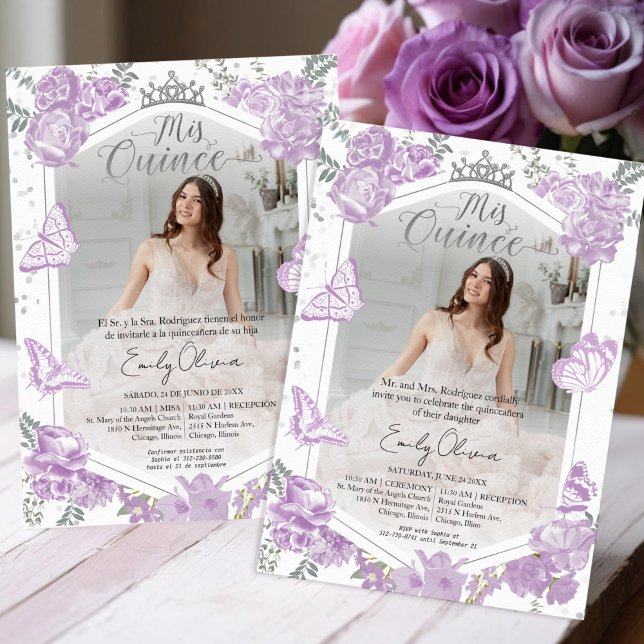 Mis Quince Invitation photo Lavande bilingue (Créateur téléchargé)