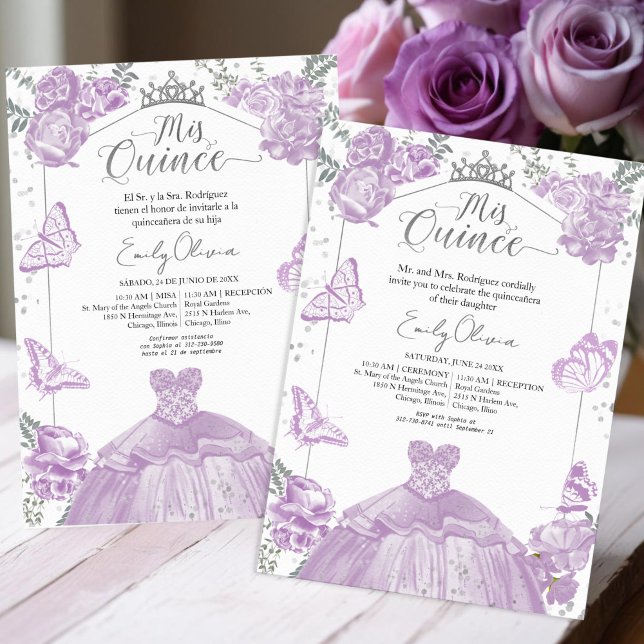 Mis Quince Invitation Robe Lavande bilingue (Créateur téléchargé)