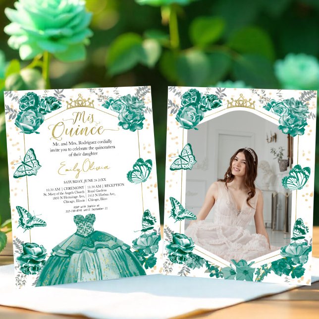 Mis Quince Photo Budget Invitation Emerald Green (Creator Uploaded)