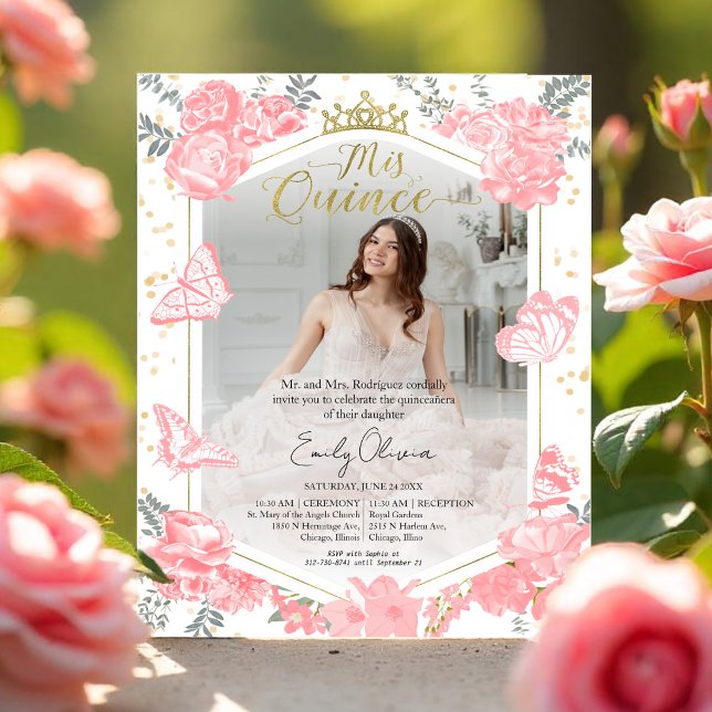 Mis Quince Photo Budget Invitation Pink Floral (Creator Uploaded)