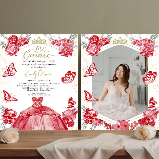 Mis Quince Photo Budget Invitation Red Floral (Creator Uploaded)