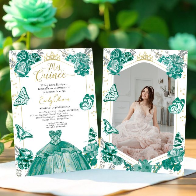 Mis Quince Photo Invitation Espagnol Emerald Green (Créateur téléchargé)