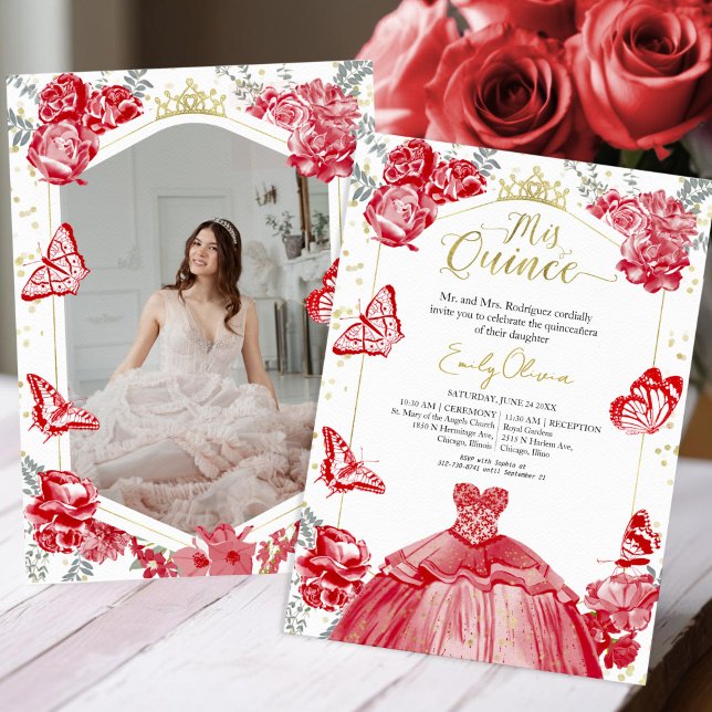 Mis Quince Photo Invitation Red Floral Gold Foil (Creator Uploaded)