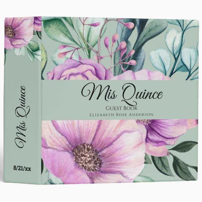 Mis QUINCE Purple Floral Quinceanera GUESTBOOK NEW Binder (Front/Spine)