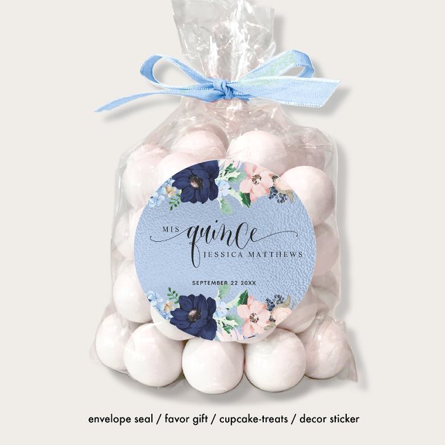 Mis Quince, Quinceañera con Flores Azul y Rosa Classic Round Sticker (Creator Uploaded)